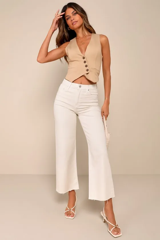 Stylish Promise Cream Wide-Leg Raw Hem Jeans sold by Lulus