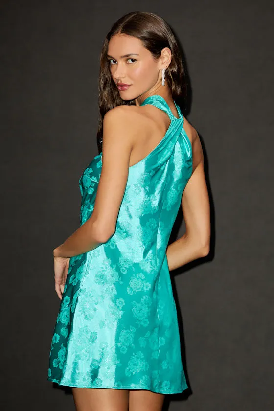 Got the Key Teal Green Satin Floral Jacquard Halter Mini Dress sold by Lulus product image thumbnail 2
