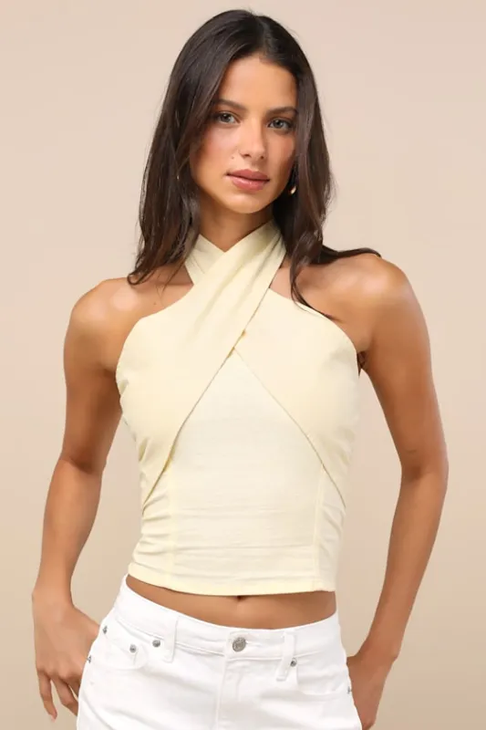 Lasy Light Yellow Cotton Cross-Front Halter Top sold by Lulus