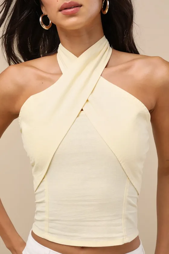 Lasy Light Yellow Cotton Cross-Front Halter Top sold by Lulus product image thumbnail 4