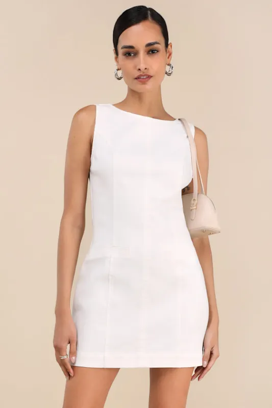 Cataleya White Denim Boat Neck Mini Dress sold by Lulus