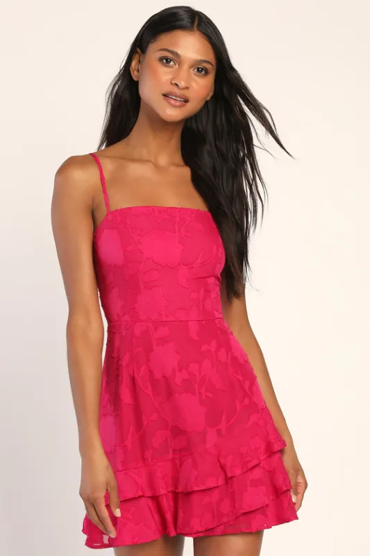Days with You Magenta Floral Burnout Ruffled Mini Dress sold by Lulus
