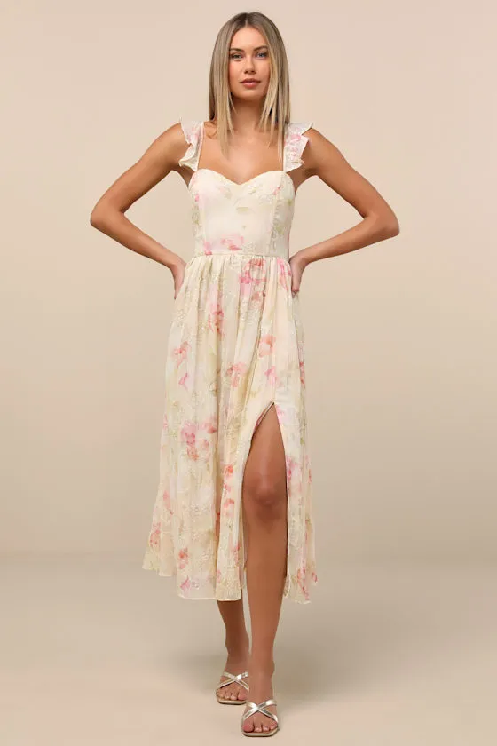 Miara Cream and Pink Floral Embroidered Ruffled Midi Dress sold by Lulus product image thumbnail 2