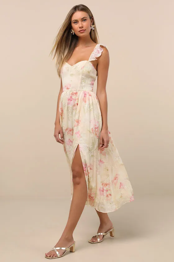 Miara Cream and Pink Floral Embroidered Ruffled Midi Dress sold by Lulus product image thumbnail 3