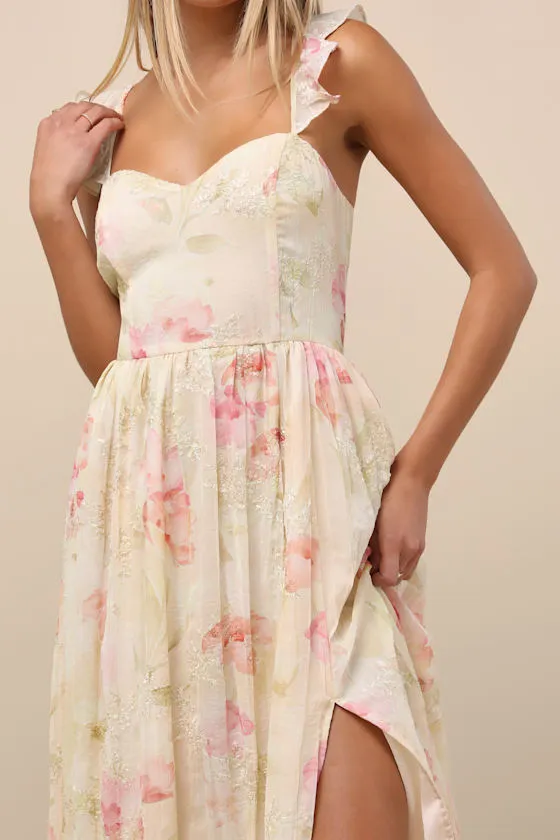 Miara Cream and Pink Floral Embroidered Ruffled Midi Dress sold by Lulus product image thumbnail 4
