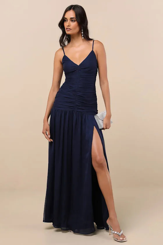 Ronna Navy Ruched Drop Waist Maxi Dress sold by Lulus