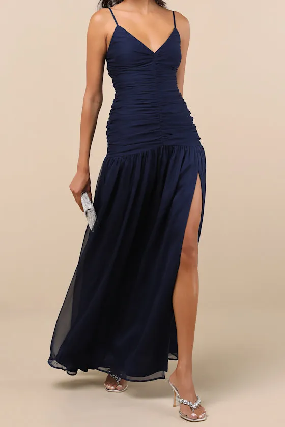 Ronna Navy Ruched Drop Waist Maxi Dress sold by Lulus product image thumbnail 2