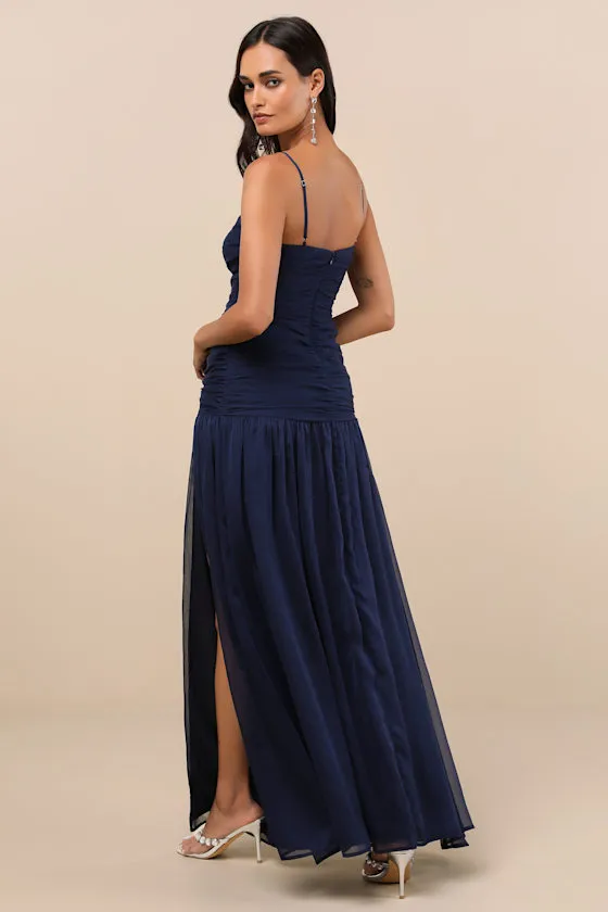 Ronna Navy Ruched Drop Waist Maxi Dress sold by Lulus product image thumbnail 3