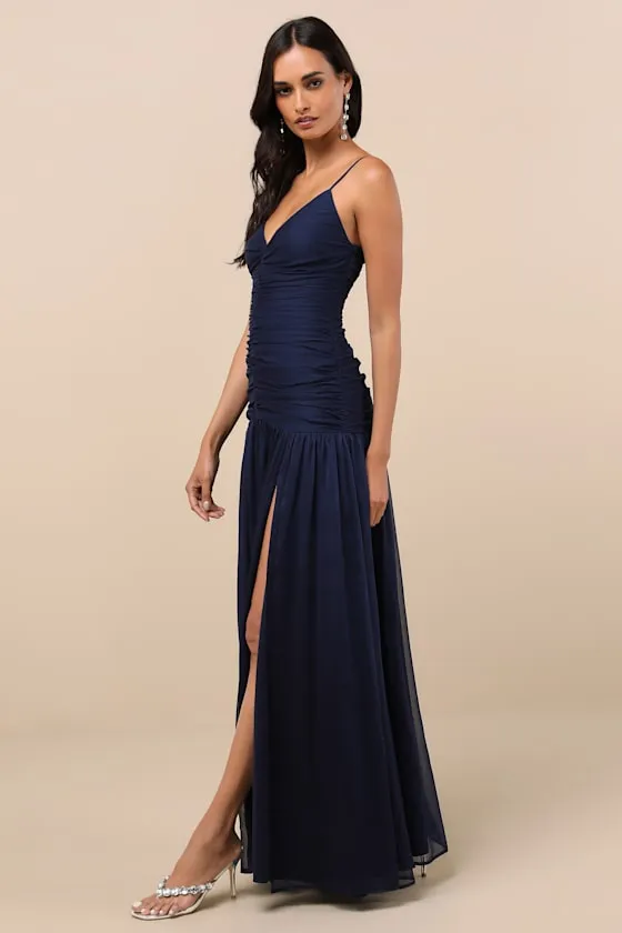 Ronna Navy Ruched Drop Waist Maxi Dress sold by Lulus product image thumbnail 4