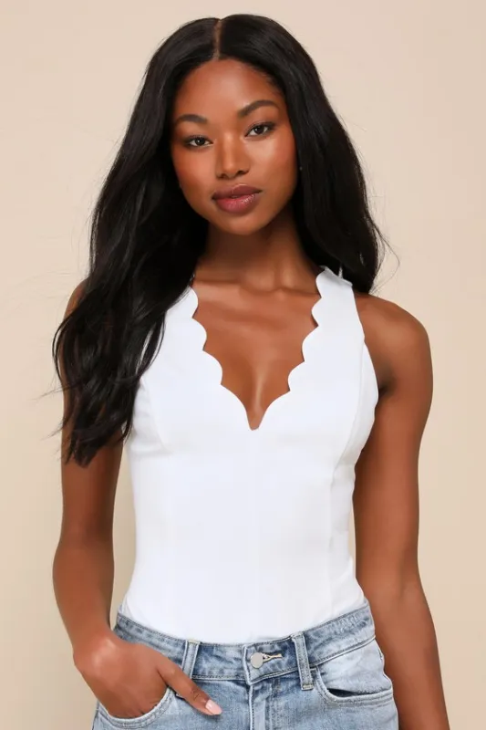 Admired Poise White Scalloped V-Neckline Sleeveless Bodysuit sold by Lulus