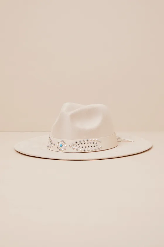 Ellith Light Beige Studded Wide-Brim Fedora Hat sold by Lulus product image thumbnail 2