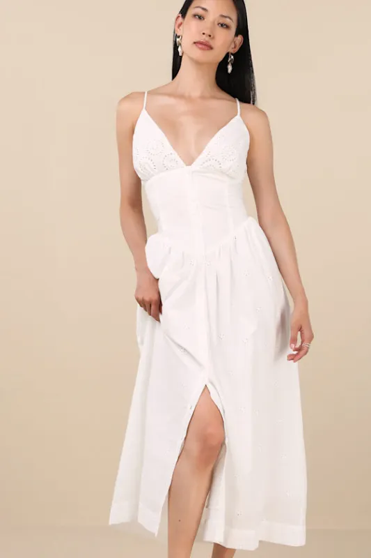 Zahrah White Eyelet Embroidered Button-Front Midi Dress sold by Lulus