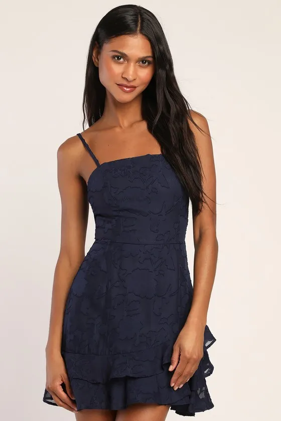 Days with You Navy Blue Floral Burnout Ruffled Mini Dress sold by Lulus