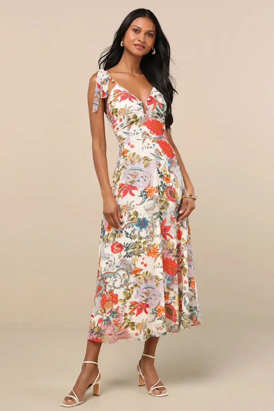 Simply Blissful Ivory Multi Floral Tie-Strap A-Line Midi Dress sold by Lulus