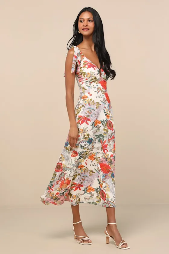 Simply Blissful Ivory Multi Floral Tie-Strap A-Line Midi Dress sold by Lulus product image thumbnail 3