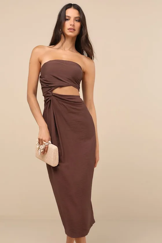 Zisel Brown Cutout Strapless Midi Dress sold by Lulus