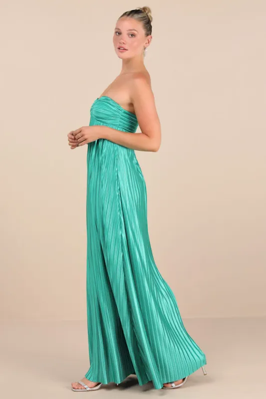 Whimsical Beauty Teal Green Satin Plisse Strapless Maxi Dress sold by Lulus