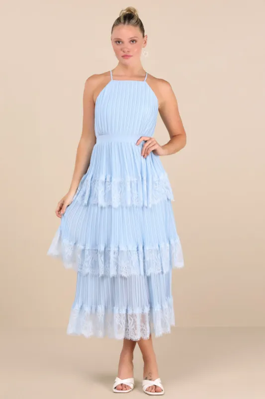Came For Cocktails Light Blue Pleated Tiered Lace Maxi Dress sold by Lulus