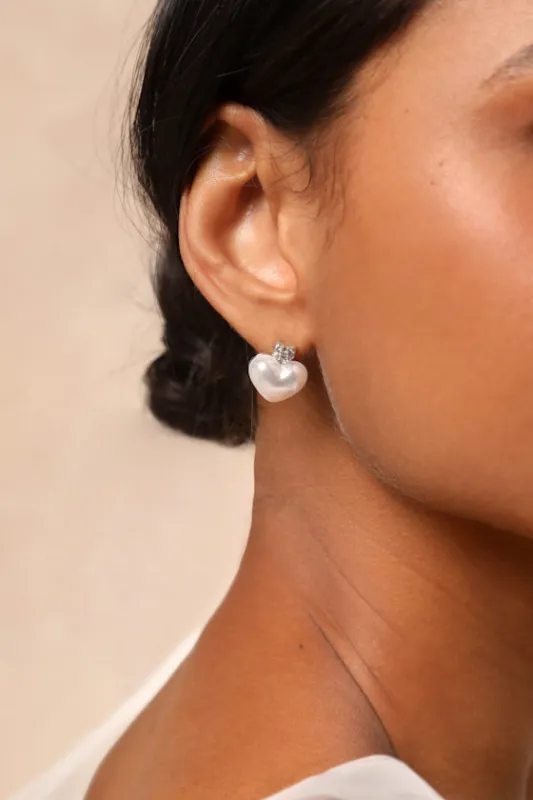 Amora White Pearl Heart Stud Earrings sold by Lulus