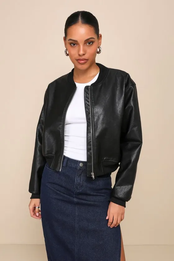 Edgy Inclination Black Vegan Leather Bomber Jacket sold by Lulus