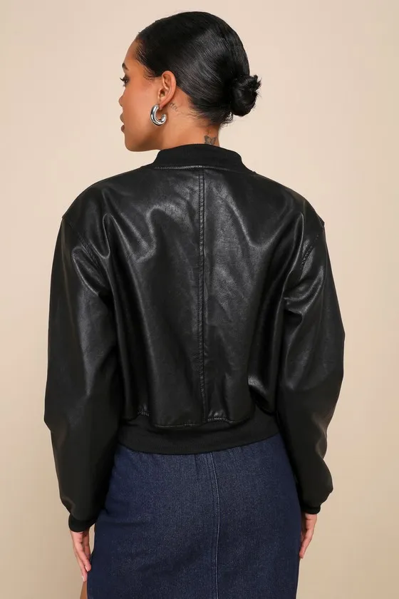Edgy Inclination Black Vegan Leather Bomber Jacket sold by Lulus product image thumbnail 2