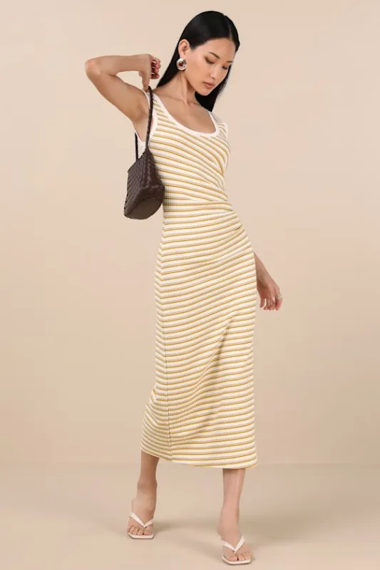 Edeva Yellow and Ivory Striped Knit Midi Dress sold by Lulus