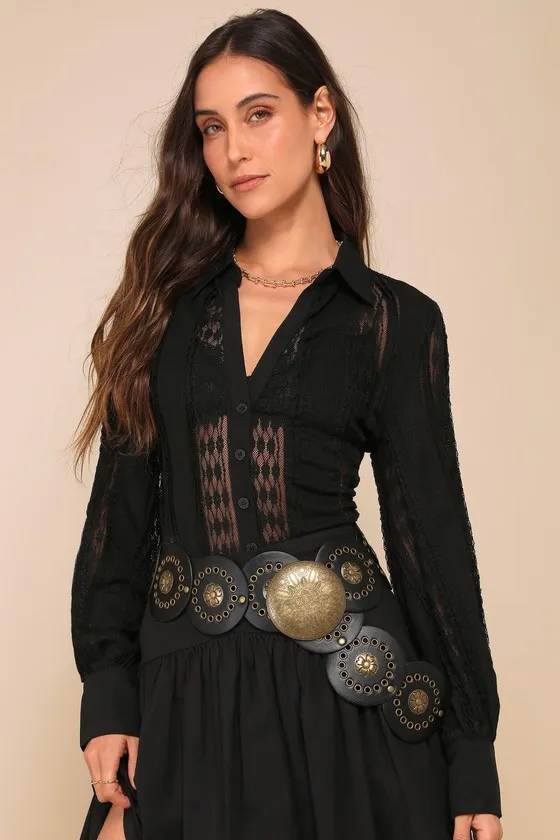 Unique Effect Black Lace Sheer Long Sleeve Button-Up Top sold by Lulus