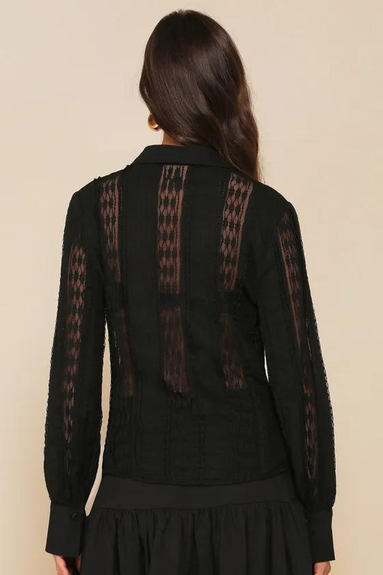 Unique Effect Black Lace Sheer Long Sleeve Button-Up Top sold by Lulus product image thumbnail 2