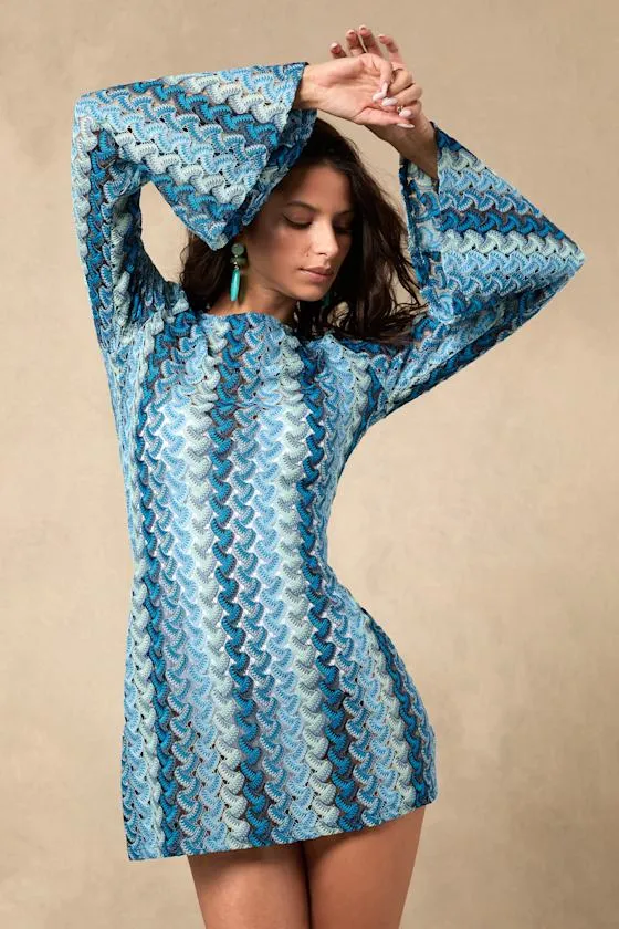 Valestra Blue Striped Crochet Long Sleeve Swim Cover-Up Dress sold by Lulus