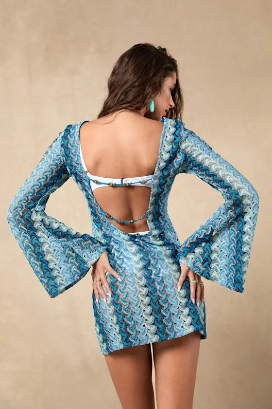Valestra Blue Striped Crochet Long Sleeve Swim Cover-Up Dress sold by Lulus product image thumbnail 2