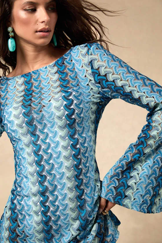 Valestra Blue Striped Crochet Long Sleeve Swim Cover-Up Dress sold by Lulus product image thumbnail 3