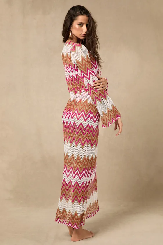 Virelle Pink and Tan Multi Chevron Crochet Maxi Swim Cover-Up sold by Lulus product image thumbnail 3