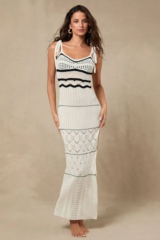 Olyssia Ivory and Black Knit Tie-Strap Maxi Swim Cover-Up sold by Lulus product image thumbnail 3