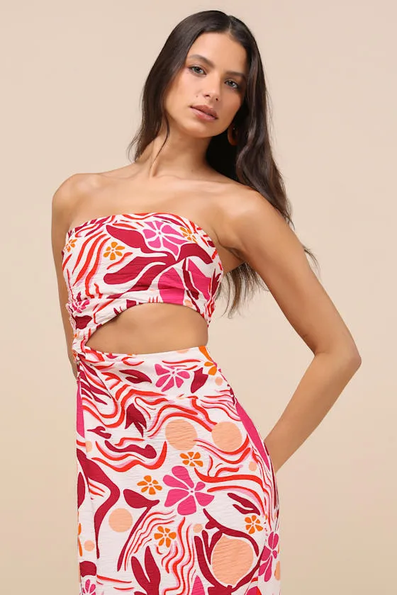 Zisel Ivory and Pink Floral Cutout Strapless Midi Dress sold by Lulus
