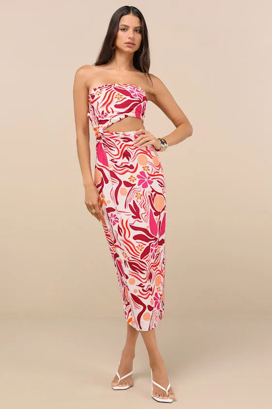 Zisel Ivory and Pink Floral Cutout Strapless Midi Dress sold by Lulus product image thumbnail 2