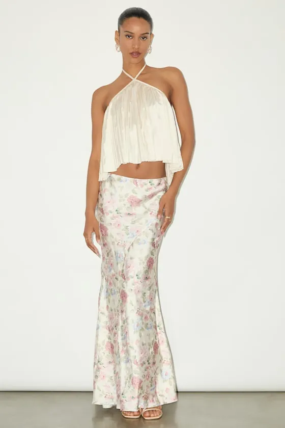 Damilla Ivory Floral Satin Maxi Skirt sold by Lulus