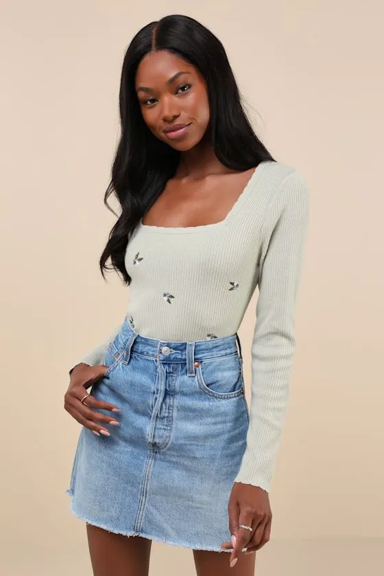 Quaint Poise Sage Ribbed Embroidered Long Sleeve Sweater Top sold by Lulus