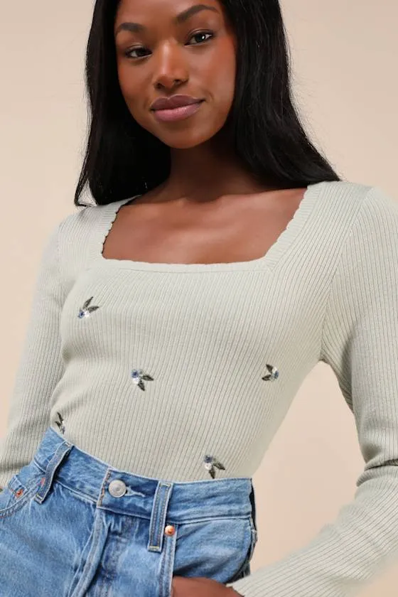 Quaint Poise Sage Ribbed Embroidered Long Sleeve Sweater Top sold by Lulus product image thumbnail 4