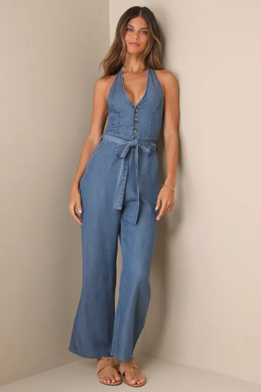 Always Imitated Blue Chambray Halter Wide-Leg Jumpsuit sold by Lulus