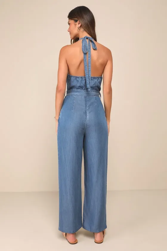 Always Imitated Blue Chambray Halter Wide-Leg Jumpsuit sold by Lulus product image thumbnail 2