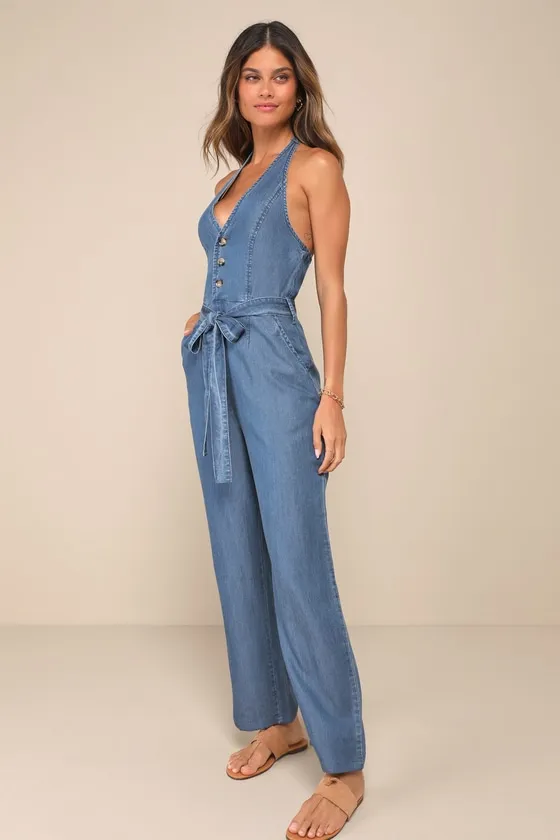 Always Imitated Blue Chambray Halter Wide-Leg Jumpsuit sold by Lulus product image thumbnail 4