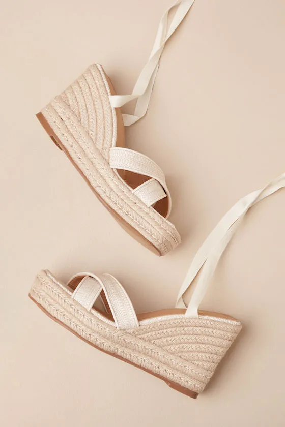Robynne Natural Raffia Lace-Up Platform Wedges sold by Lulus