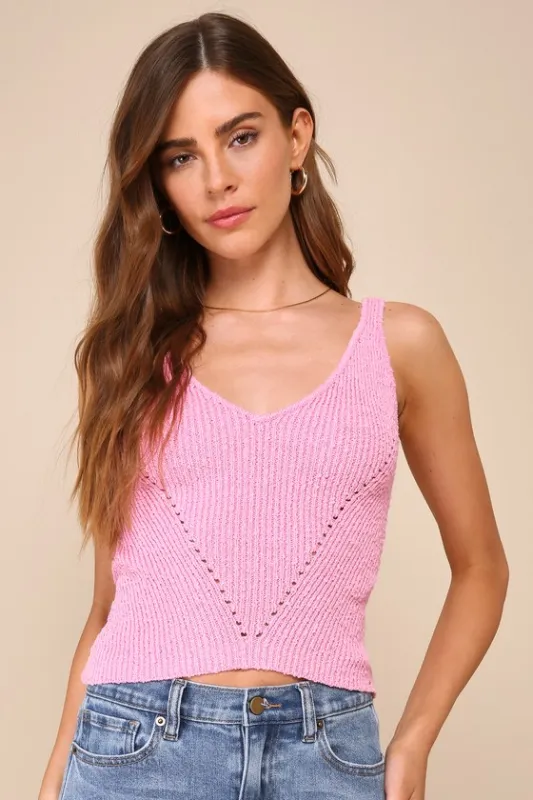 Flirty Poise Pink V-Neck Pointelle Sweater Knit Tank Top sold by Lulus