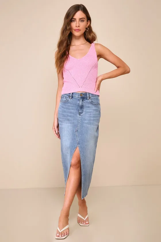 Flirty Poise Pink V-Neck Pointelle Sweater Knit Tank Top sold by Lulus product image thumbnail 2