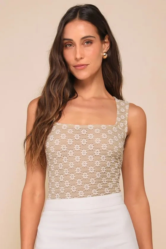 Majorly Delightful Beige and Ivory Floral Textured Tank Top sold by Lulus