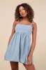 Charmed Aura Light Wash Denim Tie-Strap Bubble-Hem Mini Dress sold by Lulus