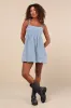 Charmed Aura Light Wash Denim Tie-Strap Bubble-Hem Mini Dress sold by Lulus