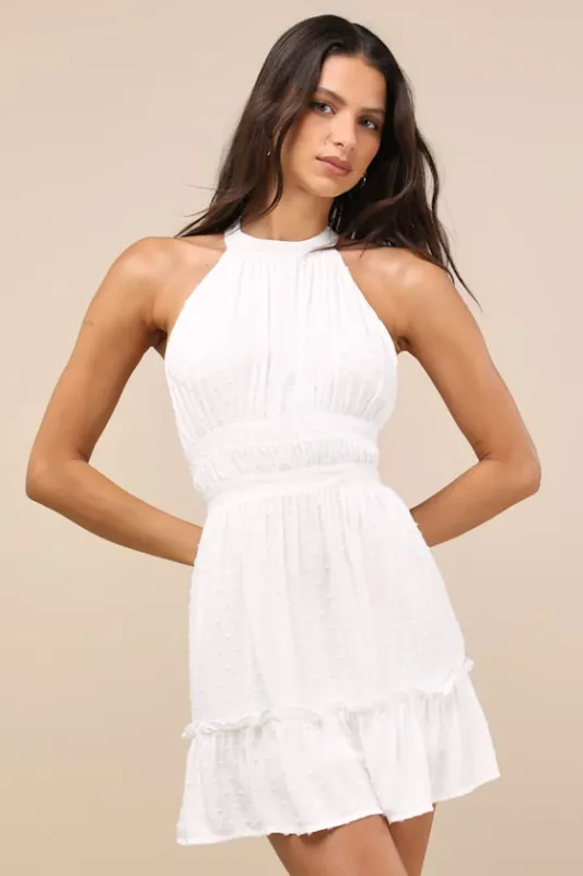 Zahia White Swiss Dot Ruffled Halter Mini Dress sold by Lulus