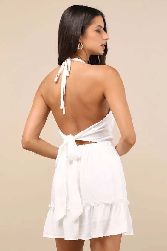 Zahia White Swiss Dot Ruffled Halter Mini Dress sold by Lulus product image thumbnail 2