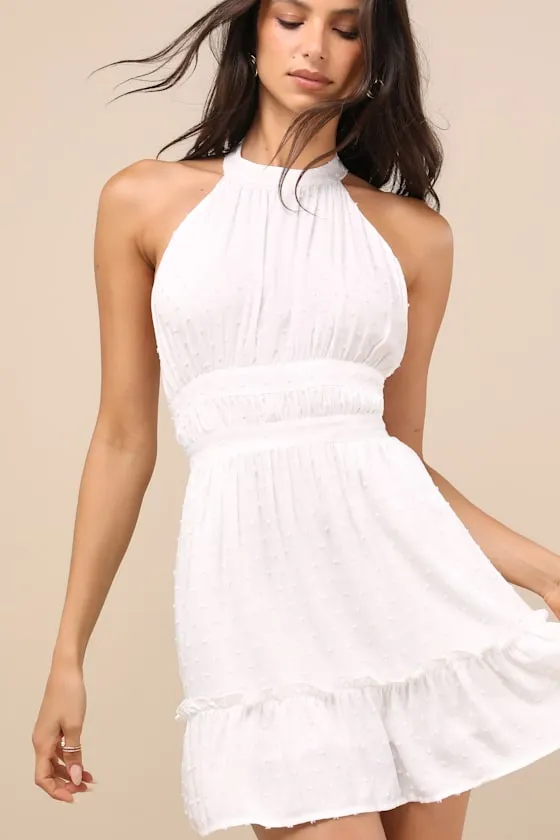 Zahia White Swiss Dot Ruffled Halter Mini Dress sold by Lulus product image thumbnail 4